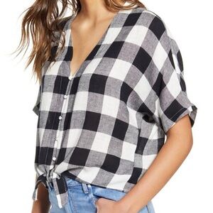 M Tie-Front Short-Sleeve Blouse in Blue & White Plaid by Rails